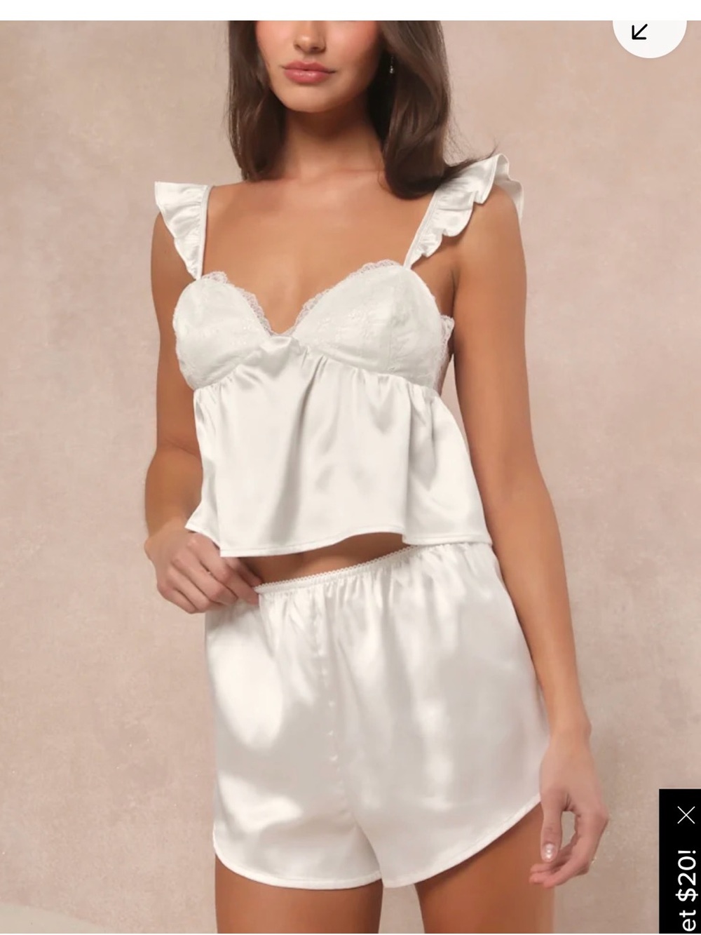 Women's Satin Lace Ruffle Camisole & Short Sleep Set - White